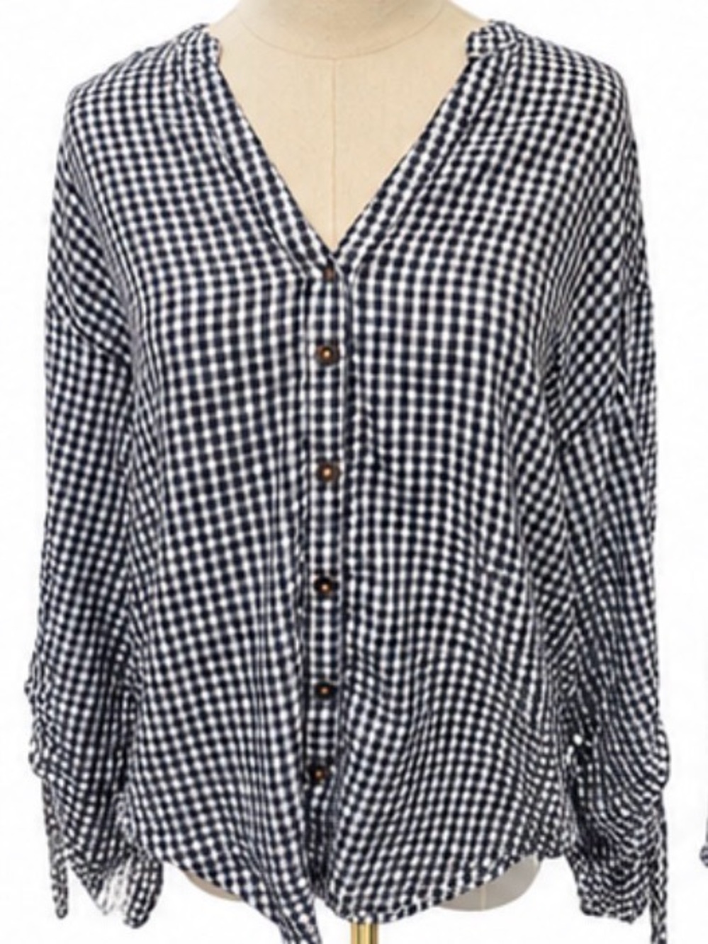 Pilcro Navy & White Gingham Check Cotton Button Front Tie Sleeve Top Size Medium